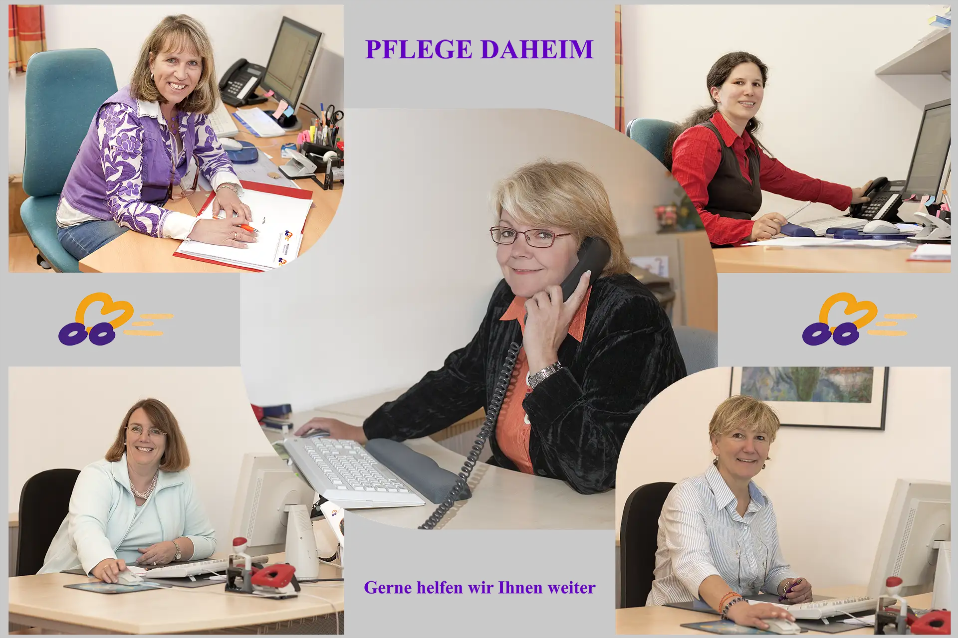 Fotomontage mit 5 Portraits von Persoonen bei der Arbeit im Büro: In der Mitte die Pflegedienstleiterin eines ambulanten Pflegedienstes, drum herum vier Mitarbeiterinnen bei der Arbeit