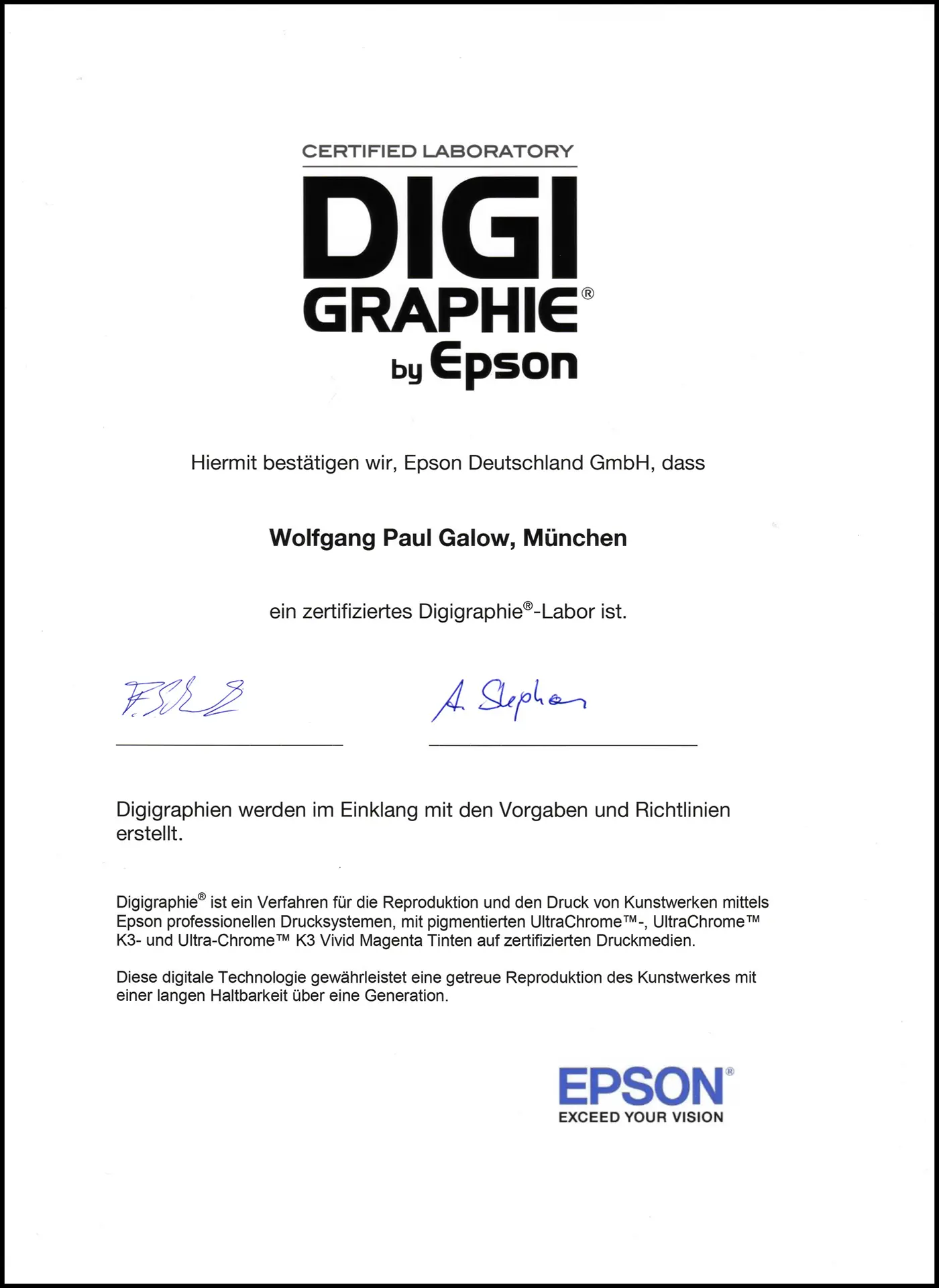 Epson- Digigraphie-Urkunde Epson Digigraphie-Urkunde